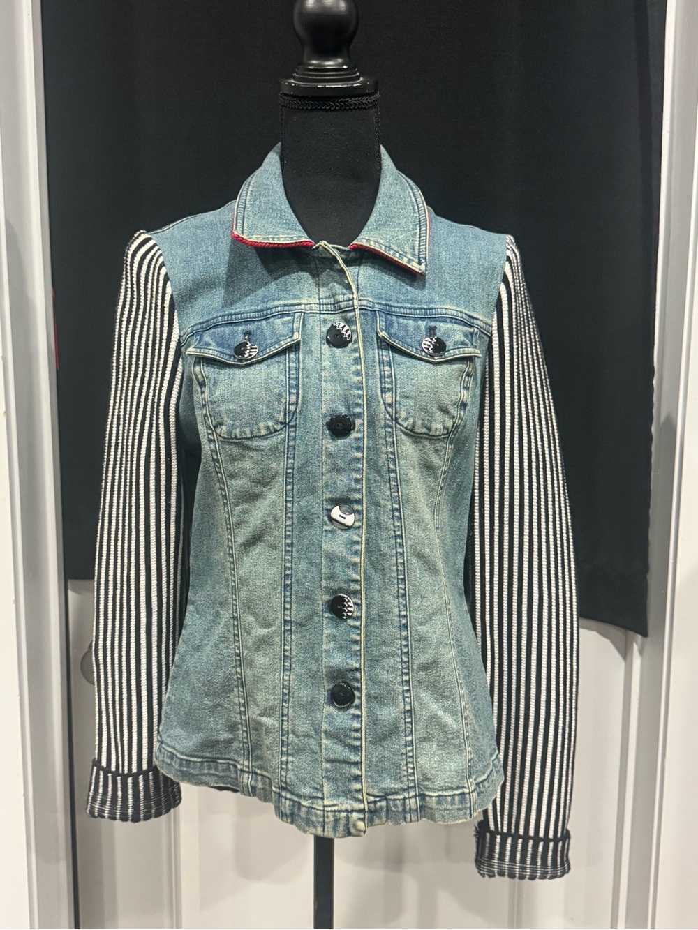 Denim Jacket with Black & White Striped Knit Sleeves and back panel